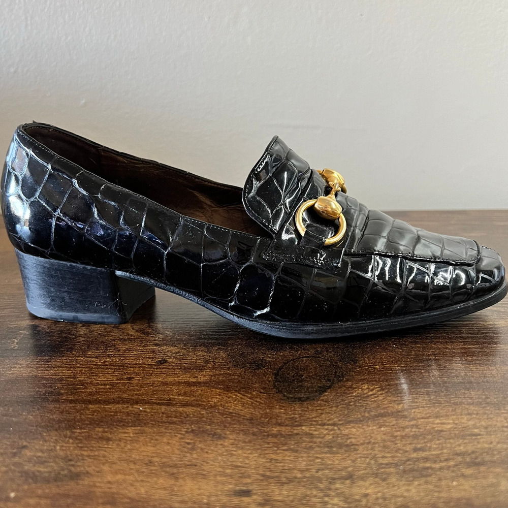 Peter Kaiser Loafers 6 Black Gold Horsebit Leather Embossed Crocodile Block Heel